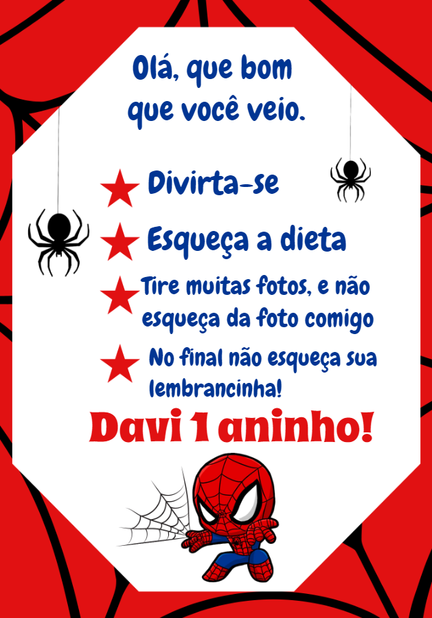 Placa de Boas-Vindas Homem Aranha Editável para Festa