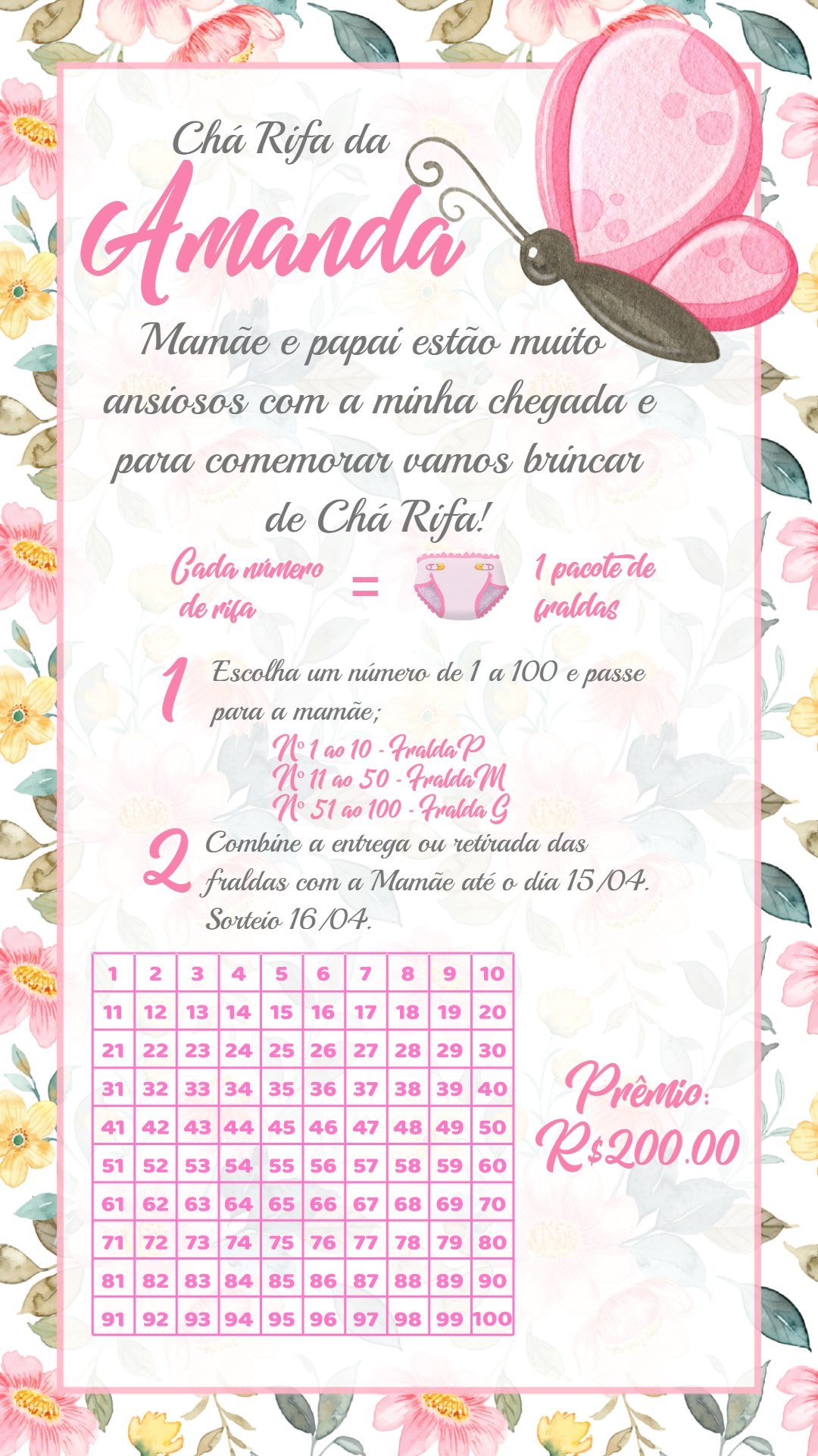 Rifa Chá de Fraldas Jardim das Borboletas para Editar Online Rifa Chá de Fraldas Jardim das Borboletas para Editar Online
