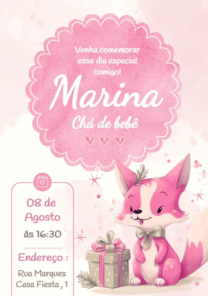 Convite Chá de Bebê Raposa Rosa para Editar Online Convite Chá de Bebê Raposa Rosa para Editar Online