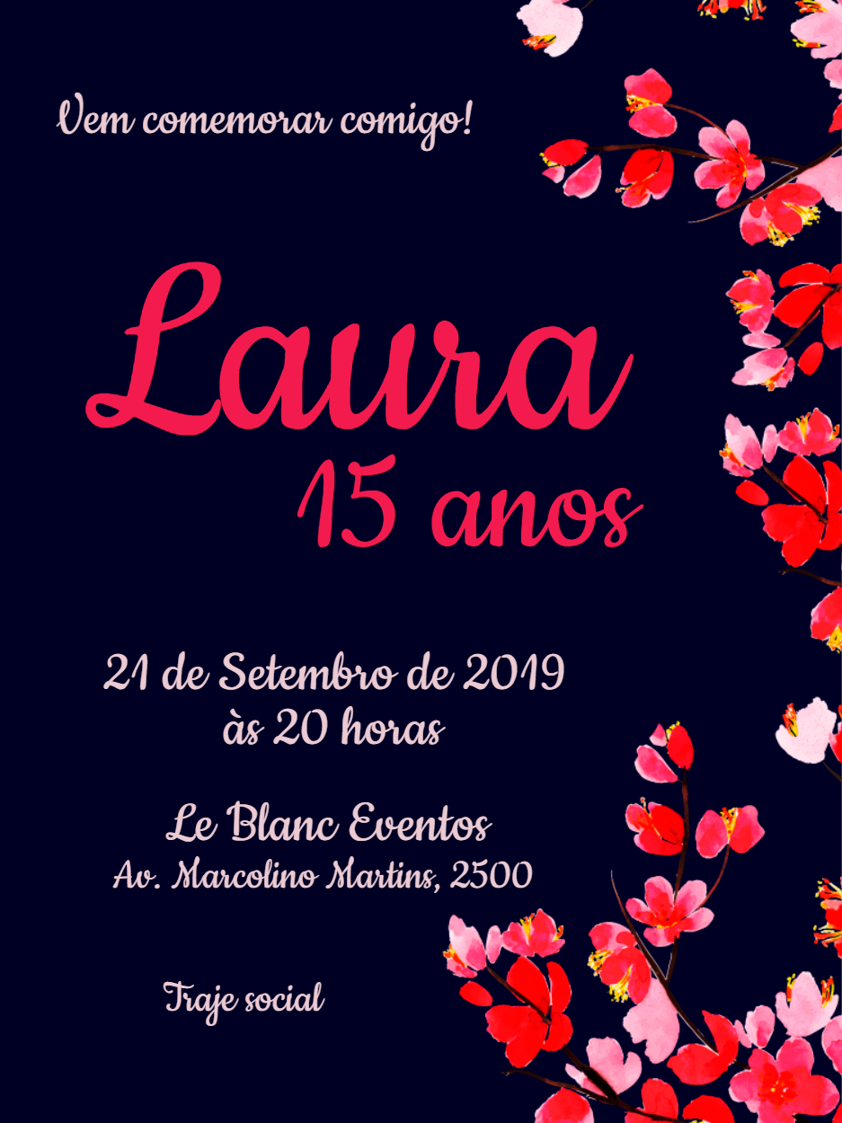 Convite de 15 Anos Floral Azul e Rosa para Editar Online Convite de 15 Anos Floral Azul e Rosa para Editar Online