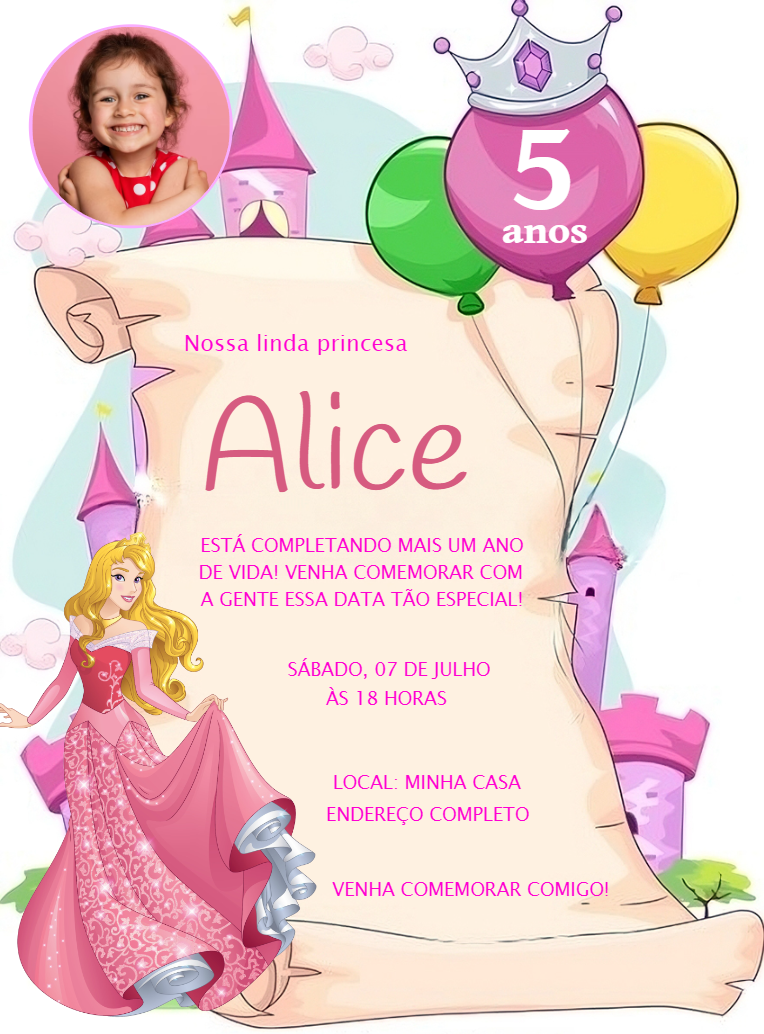 Convite Aniversário Princesa Aurora com Foto para Editar Convite Aniversário Princesa Aurora com Foto para Editar