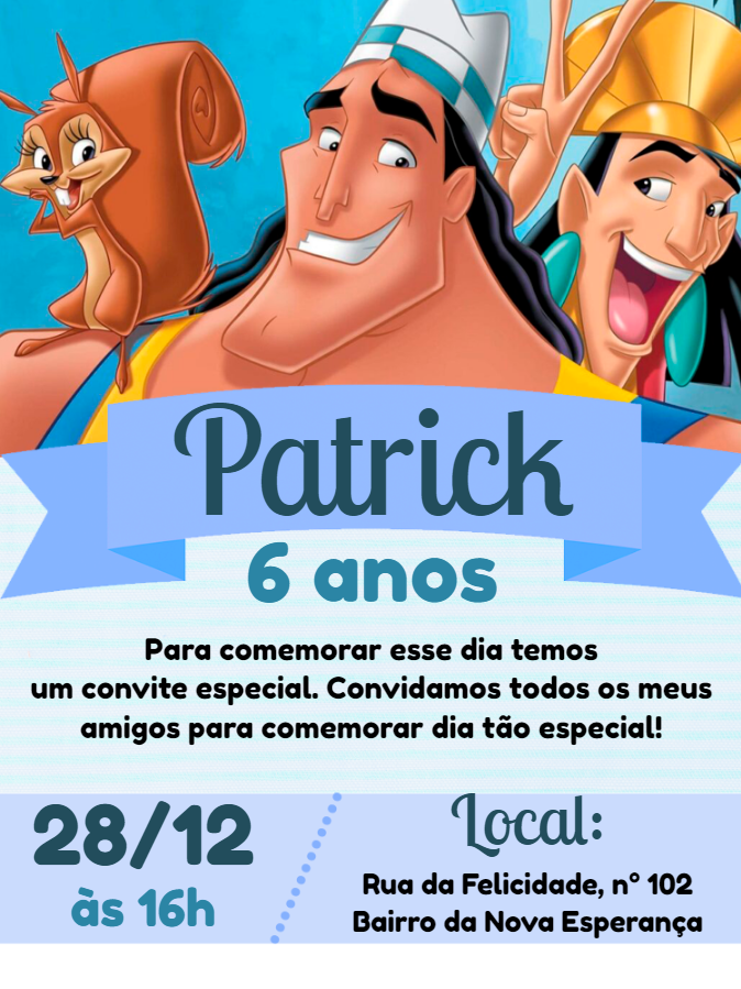 Convite Aniversário A Nova Onda do Imperador Editável Online Convite Aniversário A Nova Onda do Imperador Editável Online