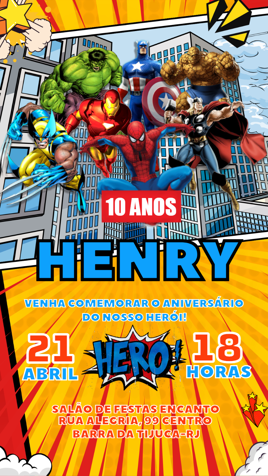 Convite de Aniversário Super Heróis Marvel para Editar Online Convite de Aniversário Super Heróis Marvel para Editar Online