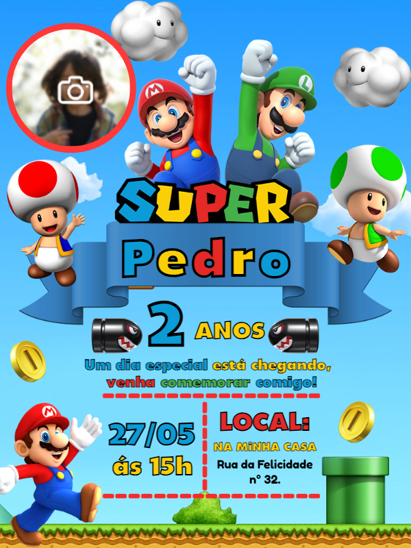 Convite de Aniversário Super Mario com Foto para Editar Online Convite de Aniversário Super Mario com Foto para Editar Online