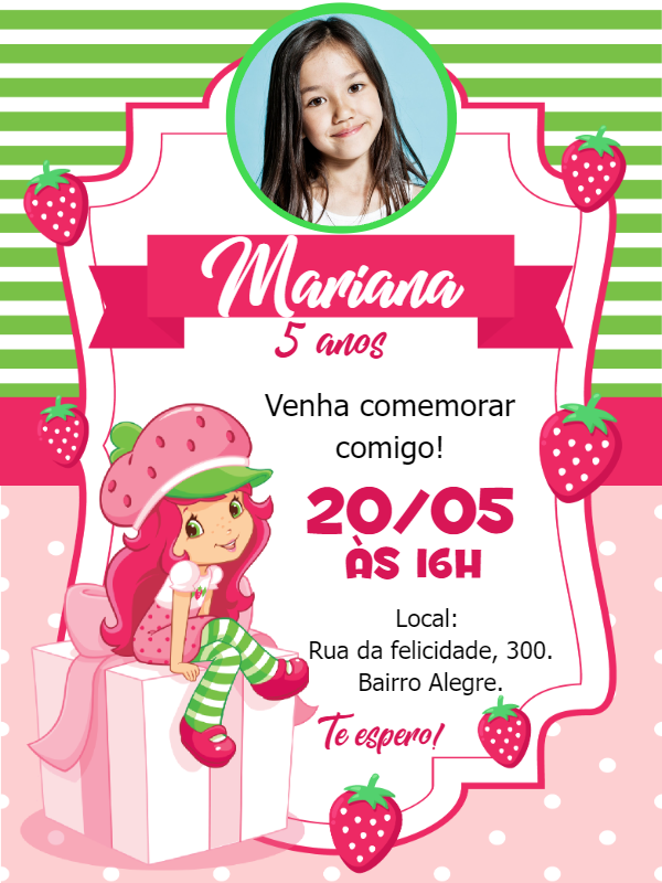 Convite Aniversário Moranguinho com Foto para Editar Online Convite Aniversário Moranguinho com Foto para Editar Online