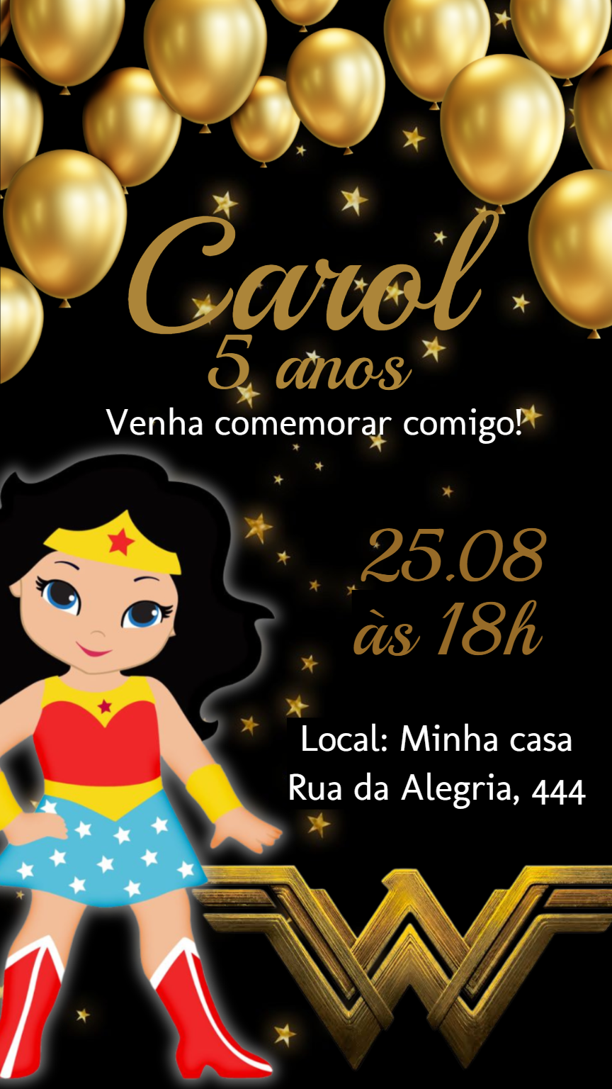 Convite de Aniversário Mulher Maravilha Dourado para Editar