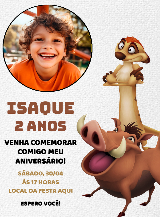 Convite Aniversário Timão e Pumba com Foto para Editar Online Convite Aniversário Timão e Pumba com Foto para Editar Online