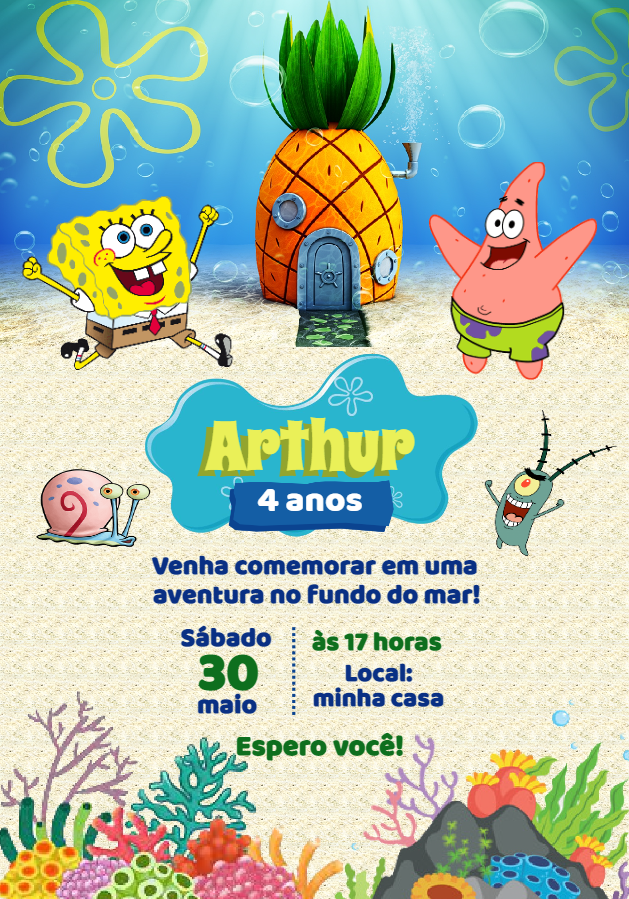 Convite Aniversário Bob Esponja com Personagens para Editar Convite Aniversário Bob Esponja com Personagens para Editar