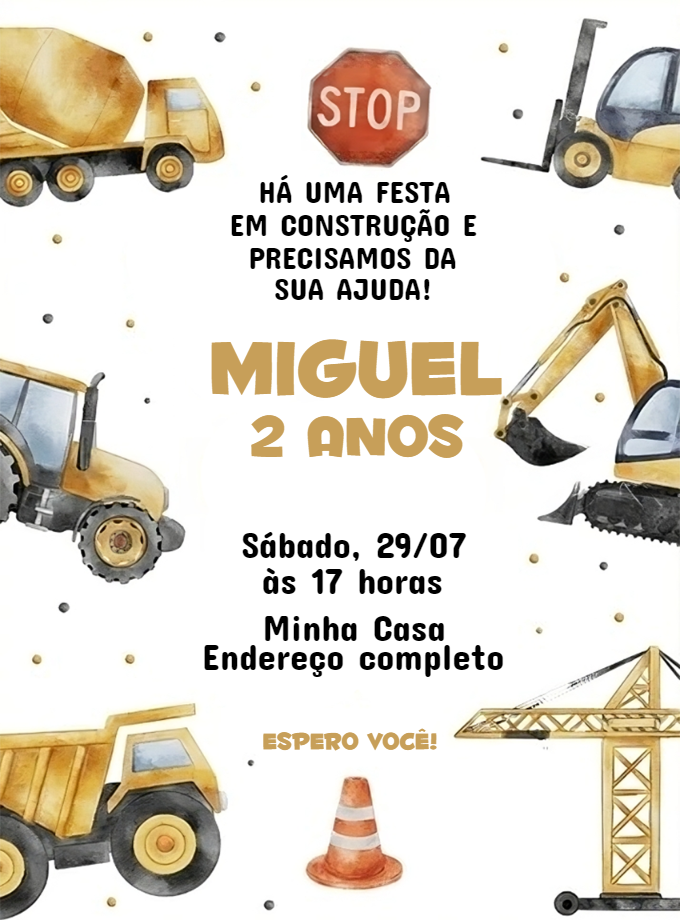 Convite de Aniversário Construção Editável com Tratores Convite de Aniversário Construção Editável com Tratores