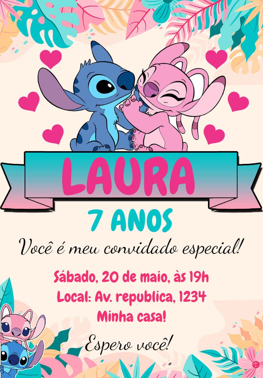 Convite Aniversário Stitch e Angel para Editar Online Convite Aniversário Stitch e Angel para Editar Online