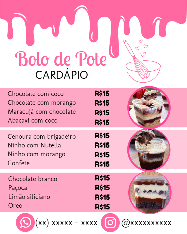 Cardápio de Bolo de Pote Rosa e Moderno para Editar Cardápio de Bolo de Pote Rosa e Moderno para Editar