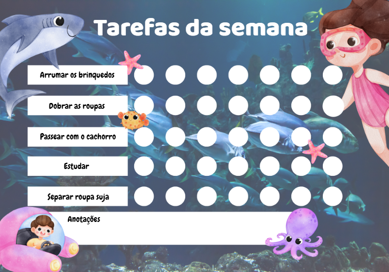 Quadro de Tarefas Fundo do Mar com Menina para Editar Online Quadro de Tarefas Fundo do Mar com Menina para Editar Online