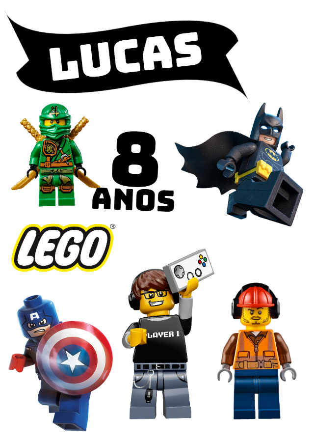Topo de Bolo Aniversário Lego com Personagens para Editar Topo de Bolo Aniversário Lego com Personagens para Editar