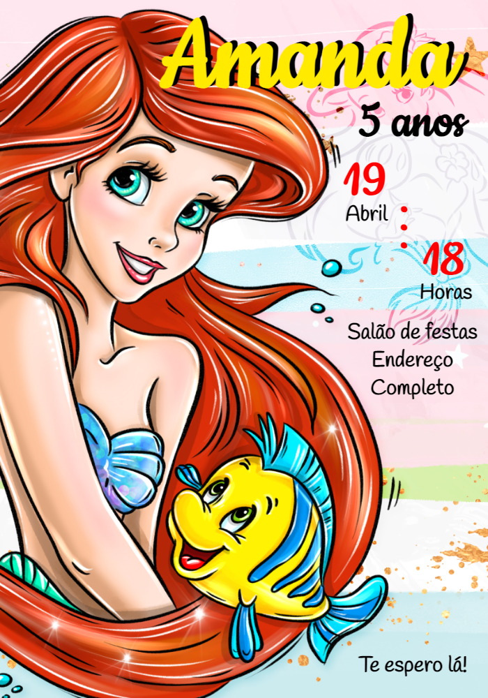 Convite Aniversário Pequena Sereia Ariel para Editar Online Convite Aniversário Pequena Sereia Ariel para Editar Online