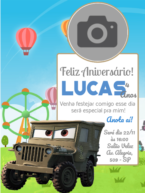 Convite Aniversário Sargento Carros com Foto para Editar Online