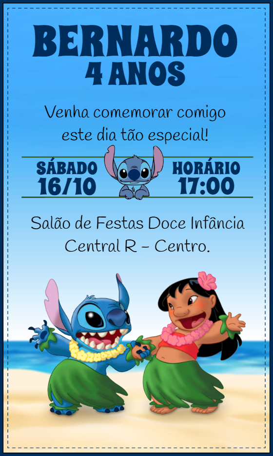 Convite Aniversário Lilo e Stitch para Editar Online