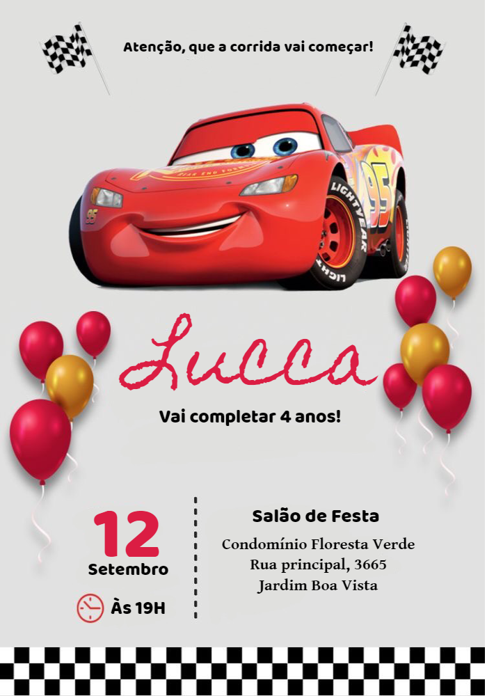 Convite Aniversário Carros Relâmpago McQueen para Editar