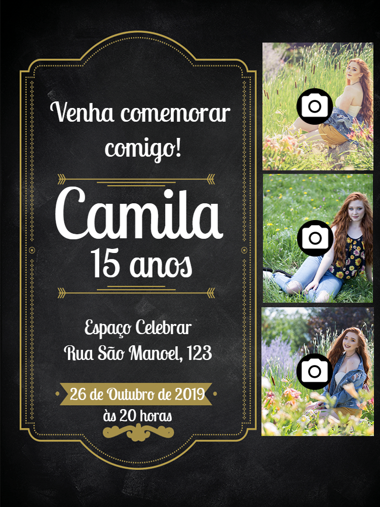 Convite 15 Anos com Fotos Estilo Lousa para Editar Online Convite 15 Anos com Fotos Estilo Lousa para Editar Online