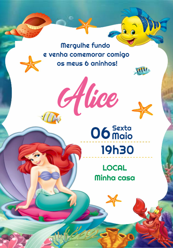 Convite de Aniversário A Pequena Sereia para Editar Online Convite de Aniversário A Pequena Sereia para Editar Online