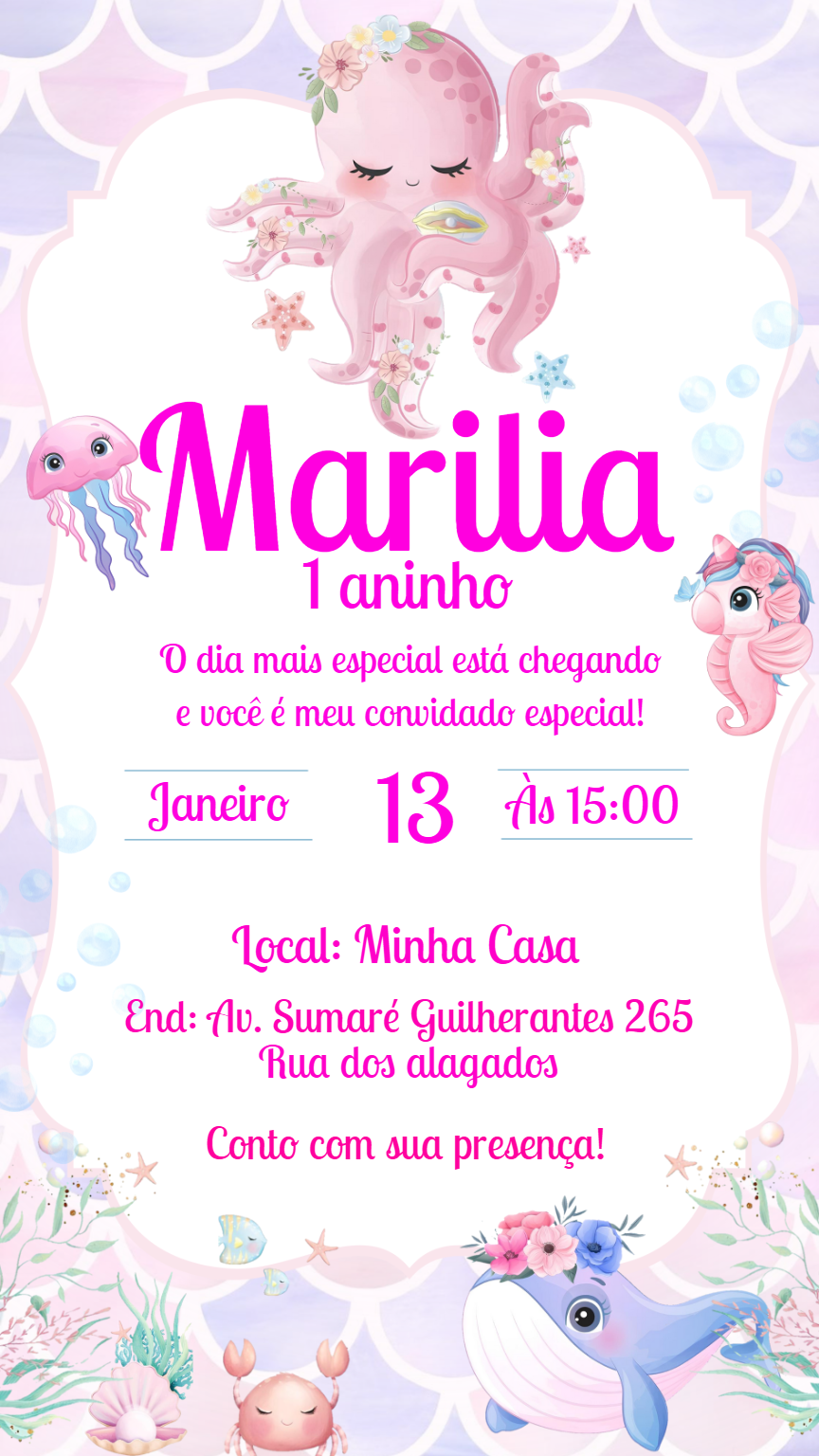 Convite Aniversário Fundo do Mar Rosa para Editar Online Convite Aniversário Fundo do Mar Rosa para Editar Online