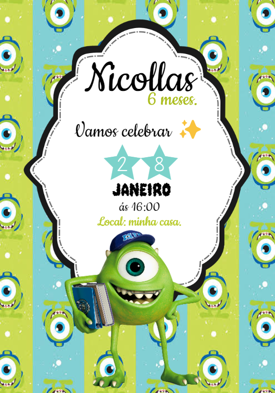 Convite Aniversário Mike Wazowski Monstros S.A. para Editar Convite Aniversário Mike Wazowski Monstros S.A. para Editar