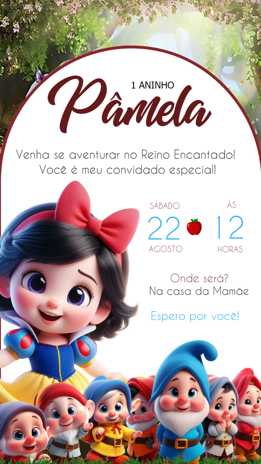 Convite Aniversário Branca de Neve e os Sete Anões para Editar Convite Aniversário Branca de Neve e os Sete Anões para Editar