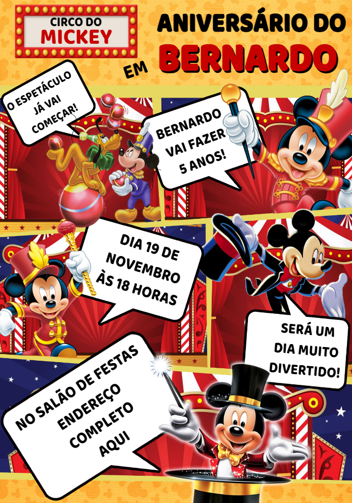 Convite de Aniversário Circo do Mickey para Editar Online Convite de Aniversário Circo do Mickey para Editar Online
