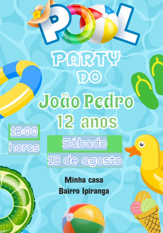 Convite Aniversário Pool Party com Boias e Bolas para Editar Convite Aniversário Pool Party com Boias e Bolas para Editar