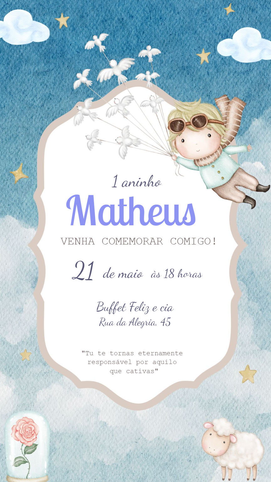 Convite de Aniversário Pequeno Príncipe Aquarela para Editar Convite de Aniversário Pequeno Príncipe Aquarela para Editar