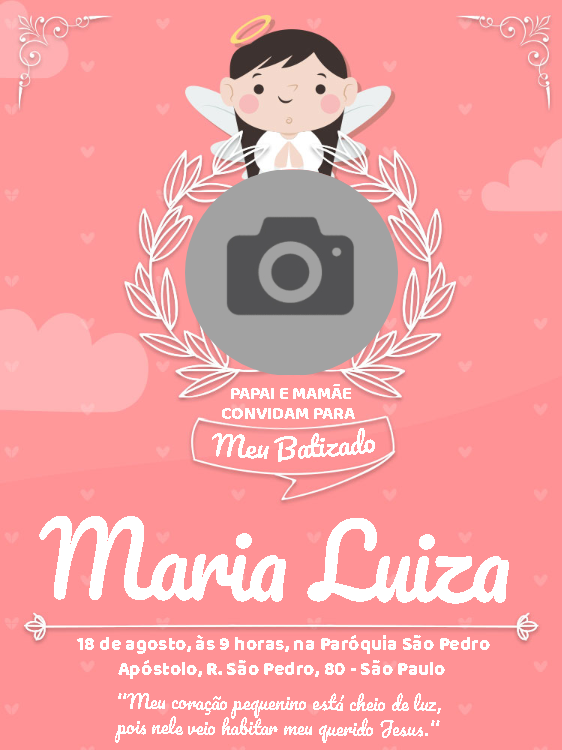 Convite de Batizado com Foto e Anjinha para Editar Online