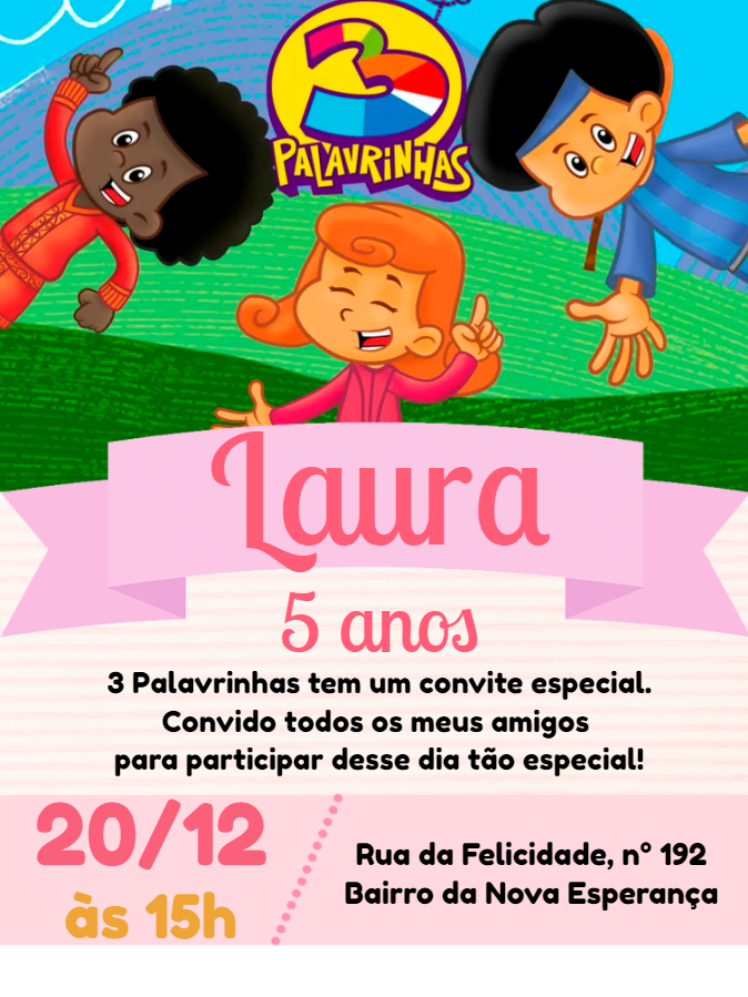 Convite Aniversário 3 Palavrinhas para Editar Online Convite Aniversário 3 Palavrinhas para Editar Online