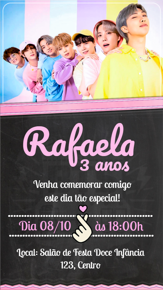 Convite de Aniversário BTS para Editar e Imprimir Convite de Aniversário BTS para Editar e Imprimir