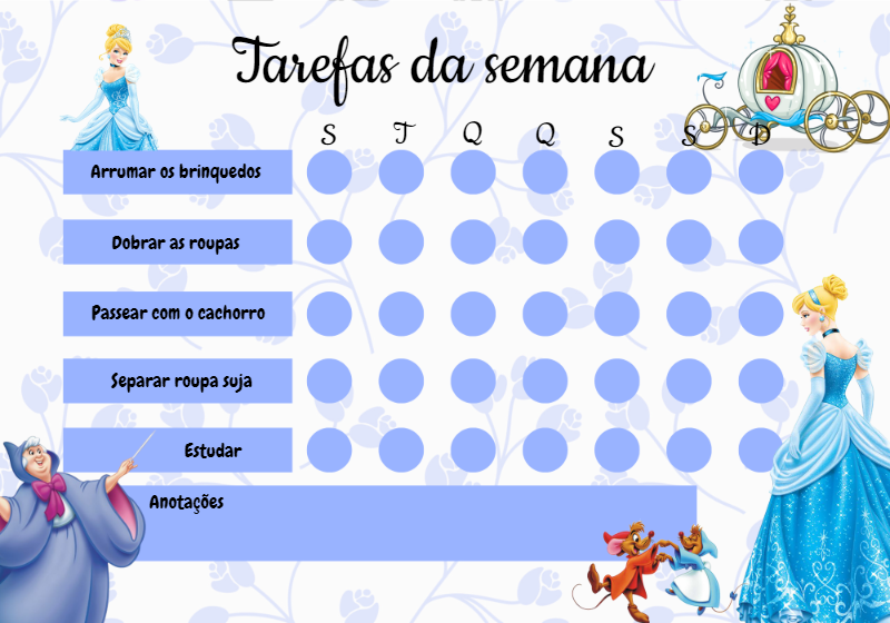 Quadro de Tarefas da Cinderela para Editar Online e Imprimir Quadro de Tarefas da Cinderela para Editar Online e Imprimir
