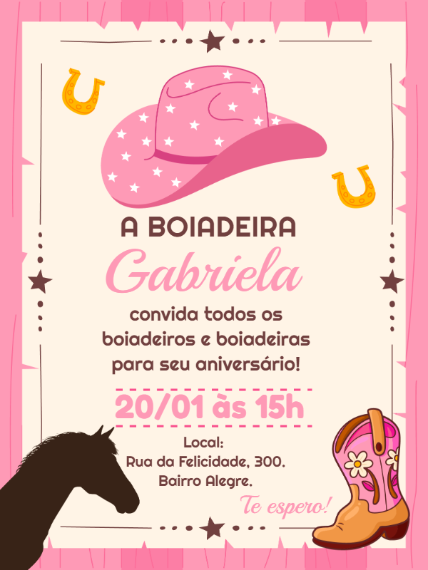 Convite de Aniversário Boiadeira Rosa para Editar Online Convite de Aniversário Boiadeira Rosa para Editar Online