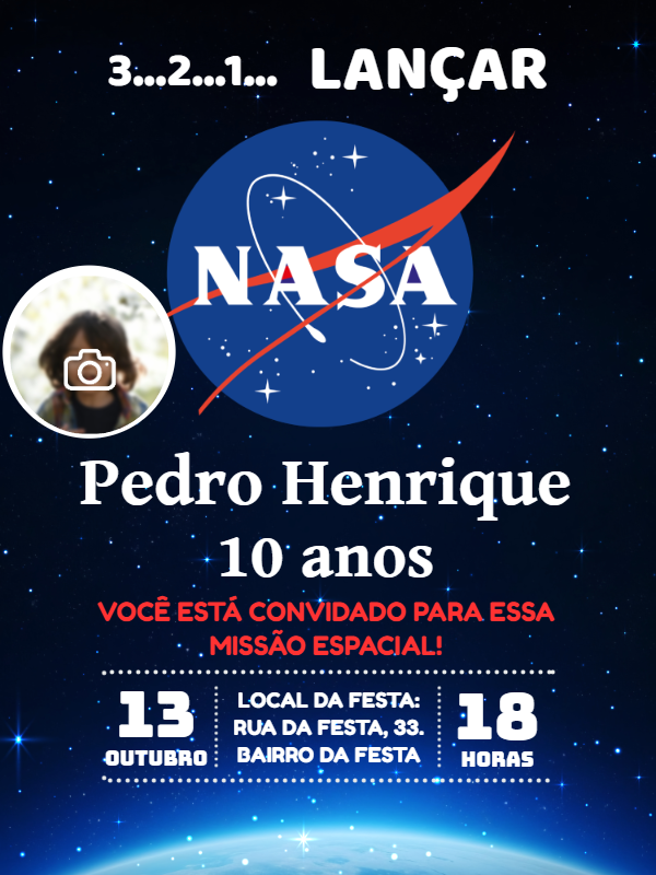 Convite Aniversário Nasa Espacial com Foto para Editar Online Convite Aniversário Nasa Espacial com Foto para Editar Online