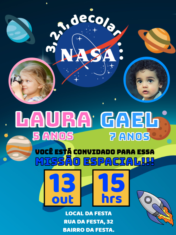 Convite Aniversário Duplo Nasa com Foto para Editar Online Convite Aniversário Duplo Nasa com Foto para Editar Online