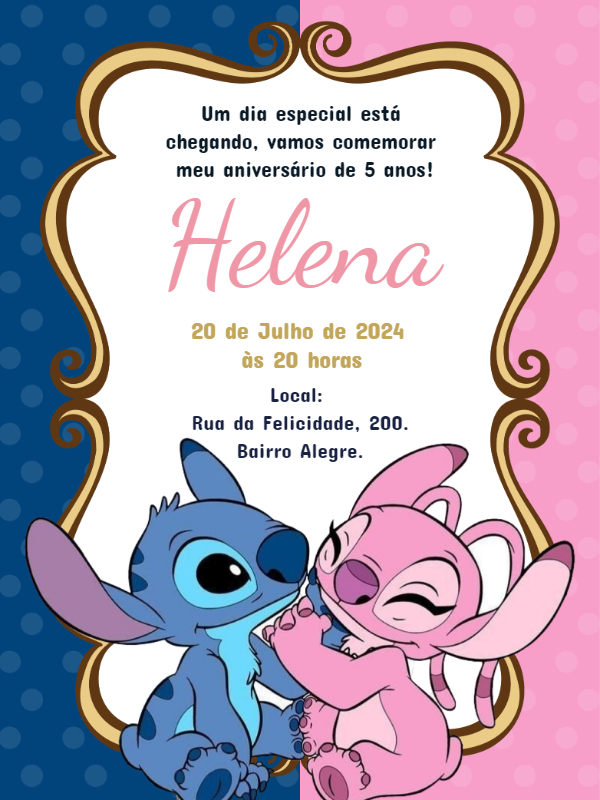 Convite Aniversário Stitch e Angel para Editar Online Convite Aniversário Stitch e Angel para Editar Online