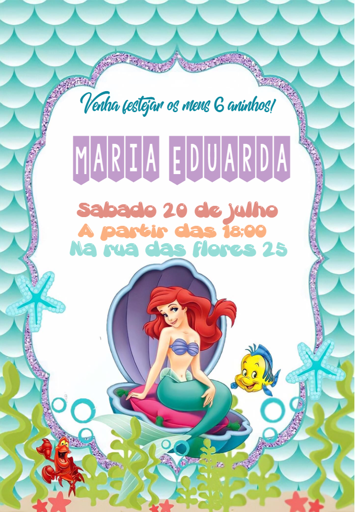 Convite de Aniversário A Pequena Sereia para Editar Online Convite de Aniversário A Pequena Sereia para Editar Online