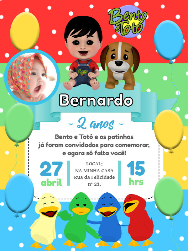 Convite Aniversário Bento e Totó com Foto para Editar Online Convite Aniversário Bento e Totó com Foto para Editar Online