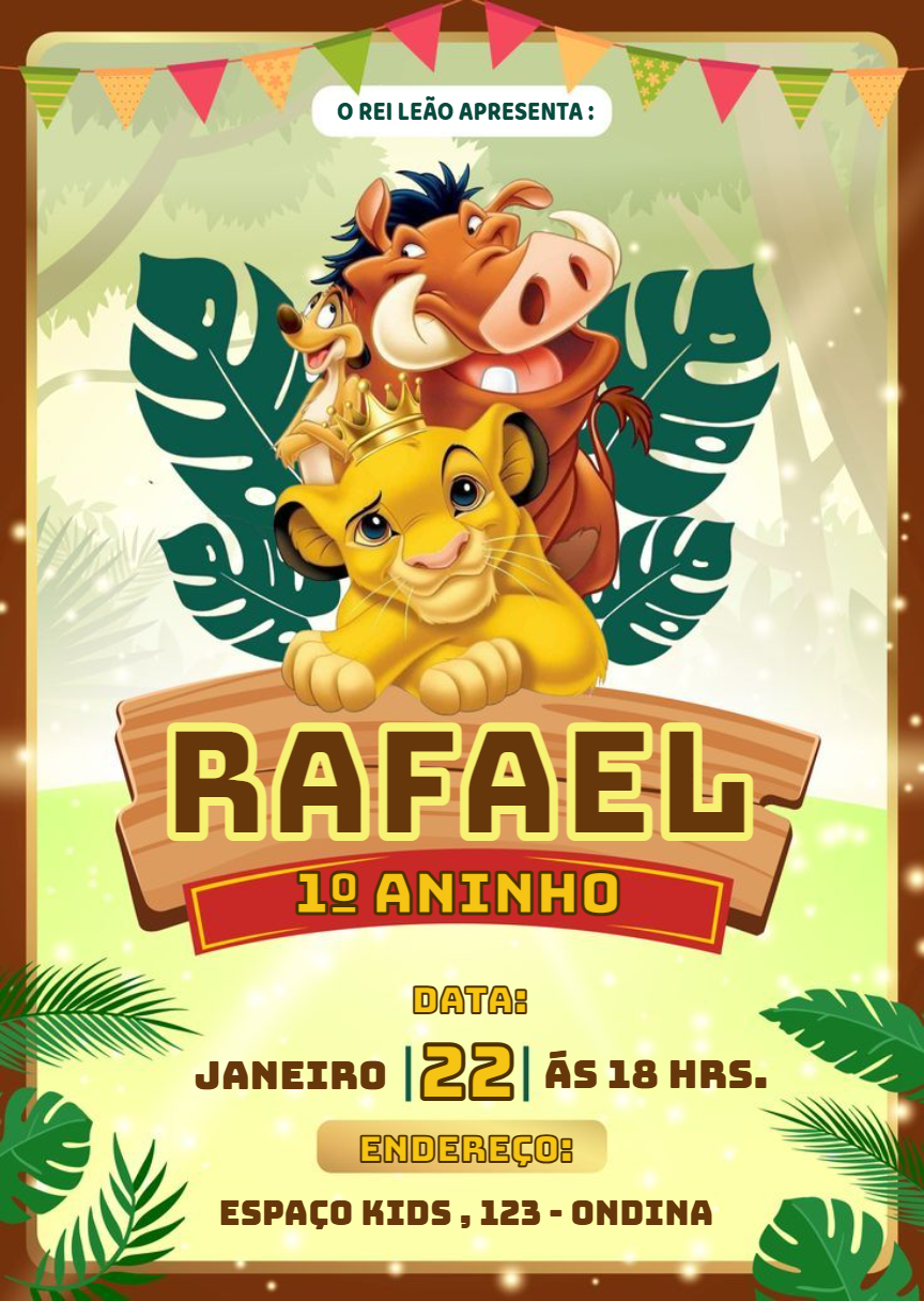 Convite de Aniversário Rei Leão com Simba para Editar Online Convite de Aniversário Rei Leão com Simba para Editar Online