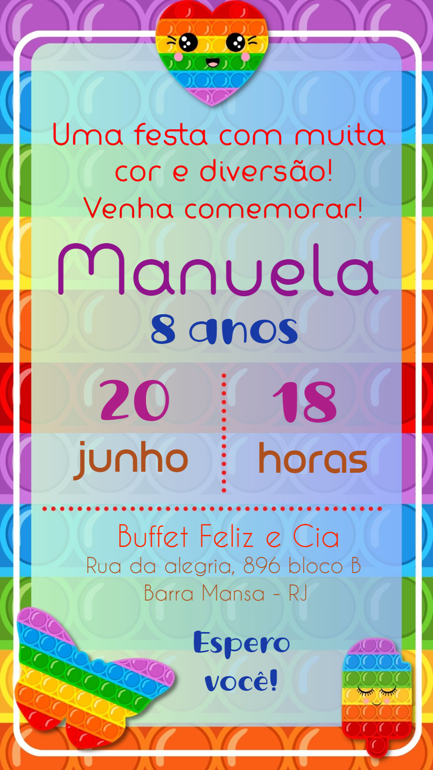 Convite de Aniversário Pop It Colorido para Editar Online Convite de Aniversário Pop It Colorido para Editar Online