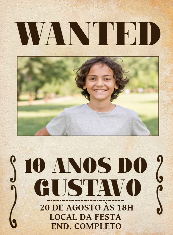 Convite Aniversário Cartaz Procurado com Foto para Editar Convite Aniversário Cartaz Procurado com Foto para Editar