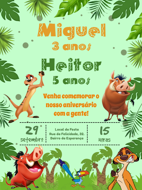 Convite Aniversário Duplo Timão e Pumba para Editar Online Convite Aniversário Duplo Timão e Pumba para Editar Online