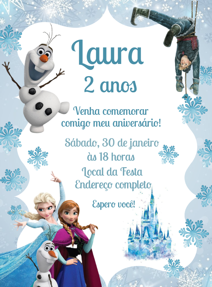 Convite de Aniversário Frozen com Personagens para Editar Online Convite de Aniversário Frozen com Personagens para Editar Online