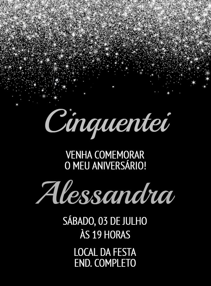 Convite de Aniversário Glitter Prata para Editar Online Convite de Aniversário Glitter Prata para Editar Online