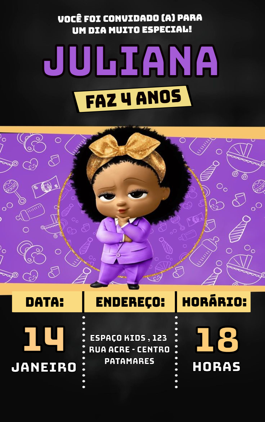 Convite Aniversário Poderosa Chefinha Black para Editar Convite Aniversário Poderosa Chefinha Black para Editar