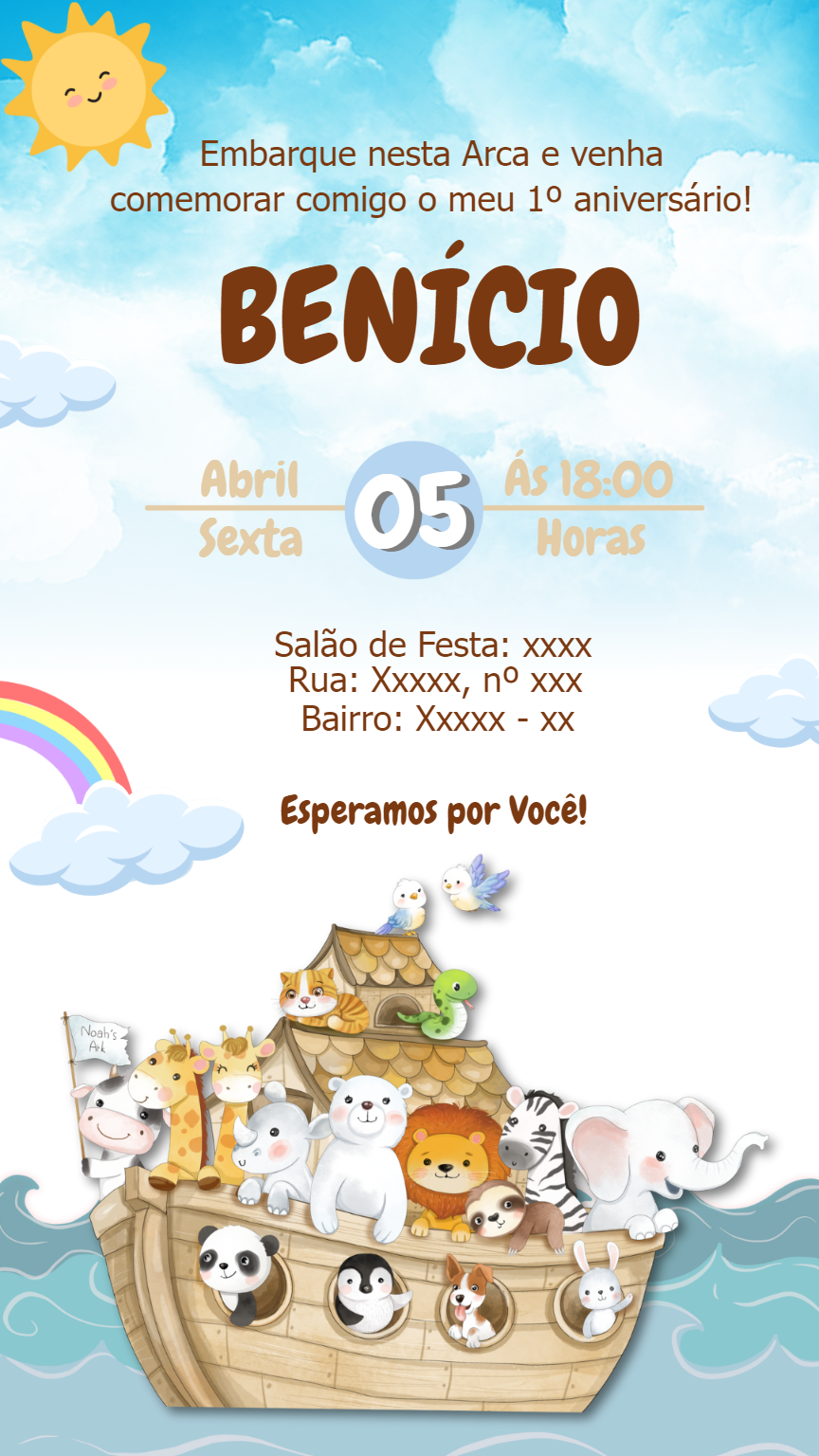 Convite Aniversário Arca de Noé Aquarela para Editar Online Convite Aniversário Arca de Noé Aquarela para Editar Online