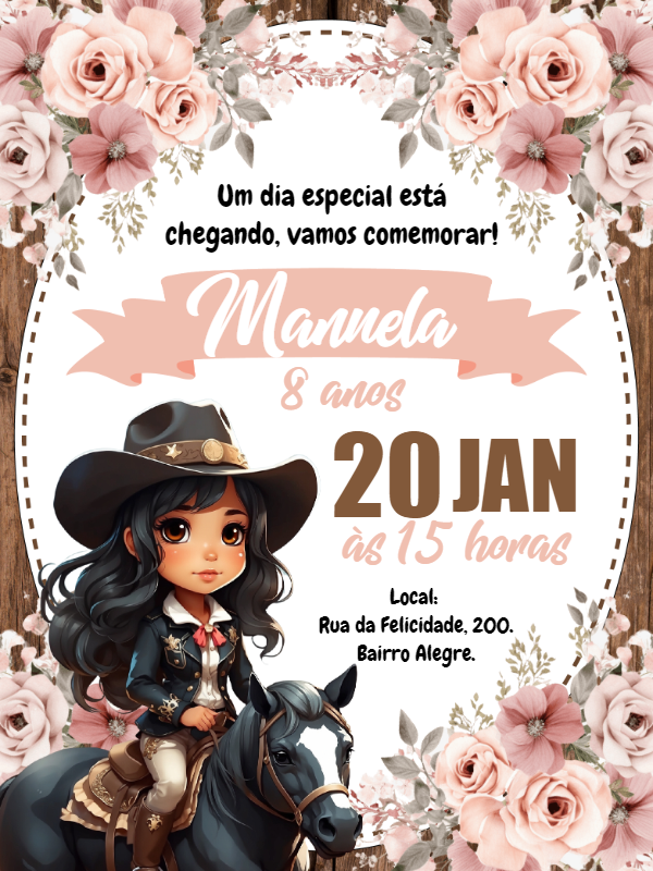 Convite Aniversário Boiadeira Rosa Menina para Editar Online