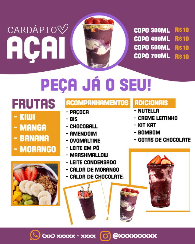 Cardápio de Açaí Roxo com Fotos para Editar Online Cardápio de Açaí Roxo com Fotos para Editar Online