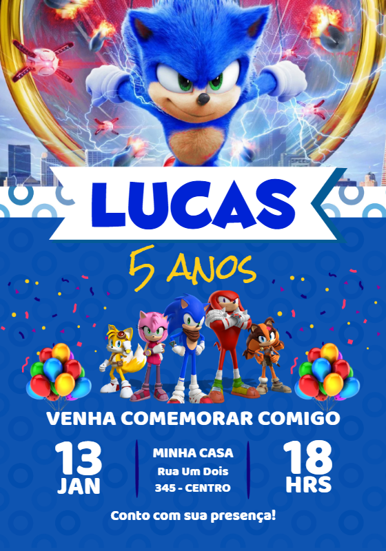 Convite de Aniversário Sonic com Personagens para Editar Online Convite de Aniversário Sonic com Personagens para Editar Online